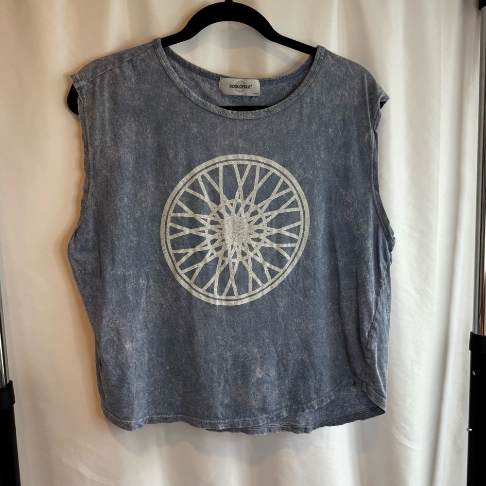 SoulCycle Flywheel Graphic Muscle Tank Blue Gray Acid Wash Sleeveless Top
